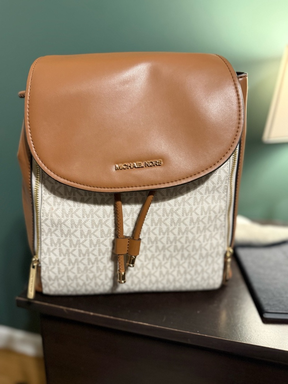 Michael Kors Brown and Cream Signature MK Drawstring Backpack